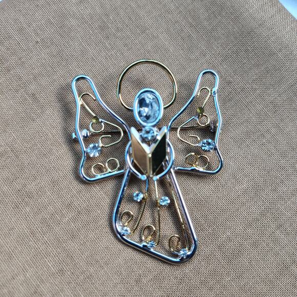 Singing Choir Angel Pin Brooch Silver and Gold Tone with Clear Rhinestones - Picture 2 of 6
